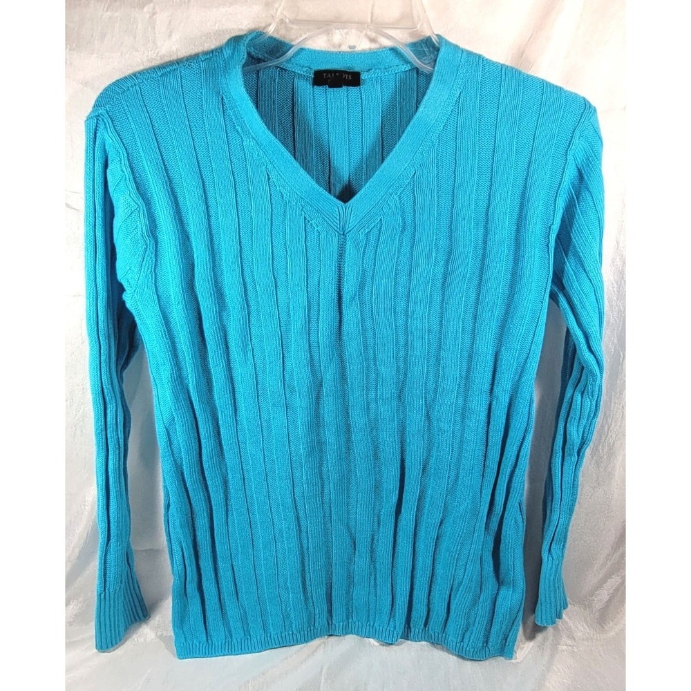Talbots Women's Linen Blend V-Neck Cable Knit Sweater - Caribbean Blue - Small